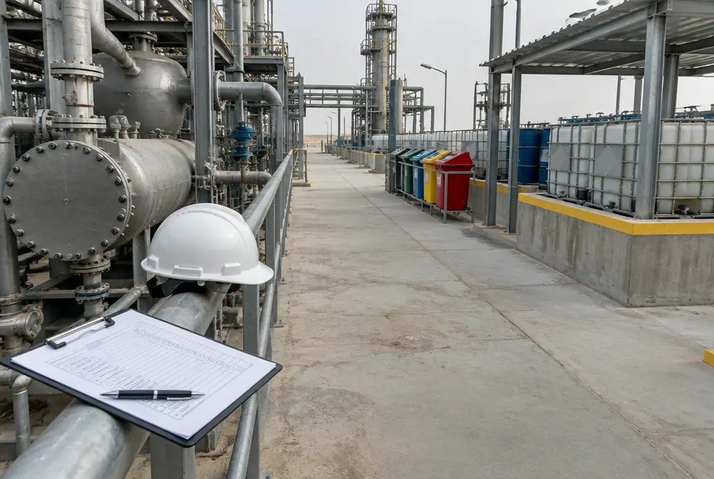 Compliance inspection walkthrough with a checklist at an industrial facility
