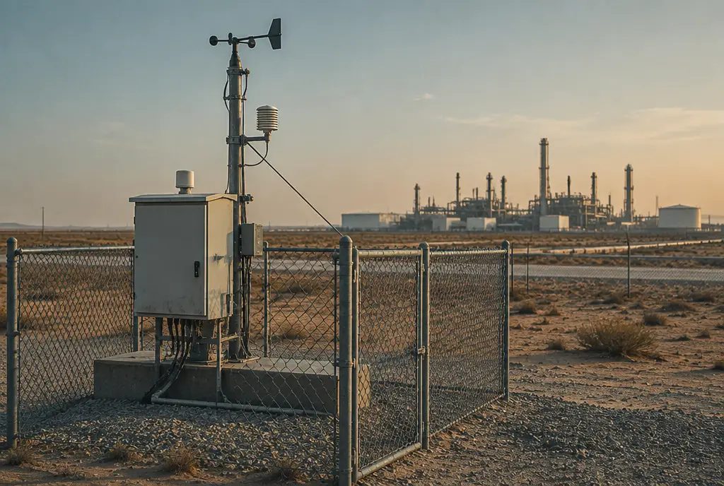 Weathered ambient air quality monitoring station in the field
